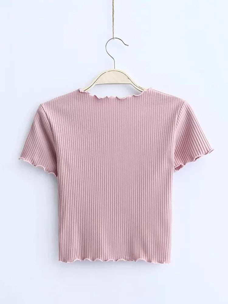 Wood Ears O Neck Short Sleeve T-shirt New Woman Slim Fit T Shirt Tight Tee Summer Retro Tops 6 Colors
