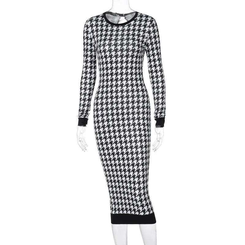 Houndstooth Print Long Sleeve Midi Dress Hollow Out Bodycon Autumn Winter Club Slim