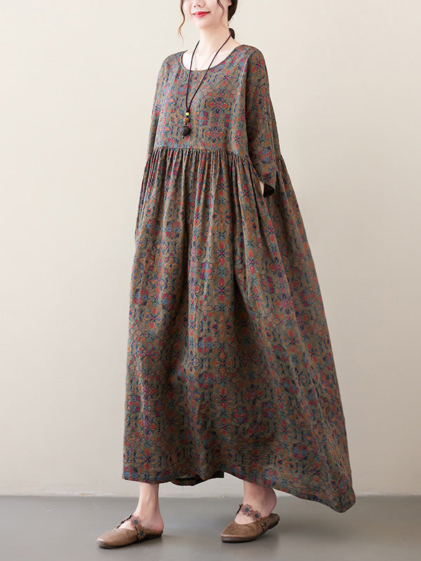 Vacation Loose Half Sleeves Printed Pleated Round-neck Midi Dresses