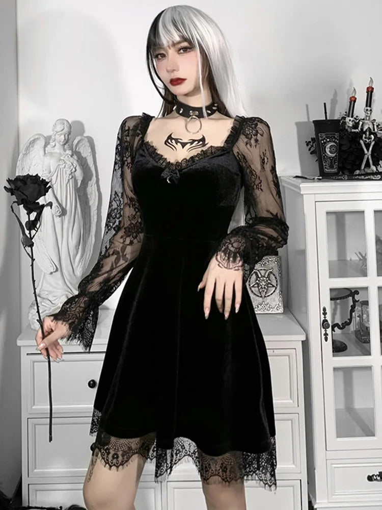 Gothic Lolita Girl Lace Trim Velvet A-line Dress Perspective Long Sleeve V Neck Slim Mini Dress Cosplay Party Costume