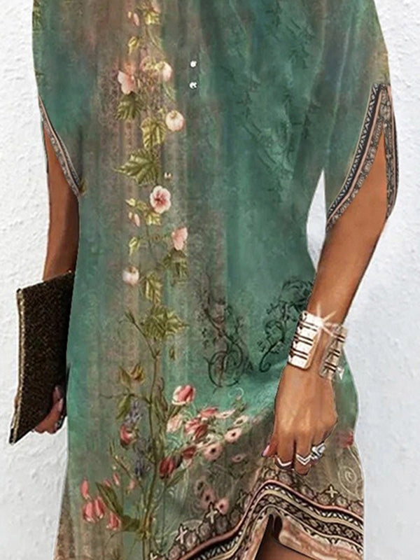 Batwing Sleeves Loose Flower Print Round-neck Mini Dresses