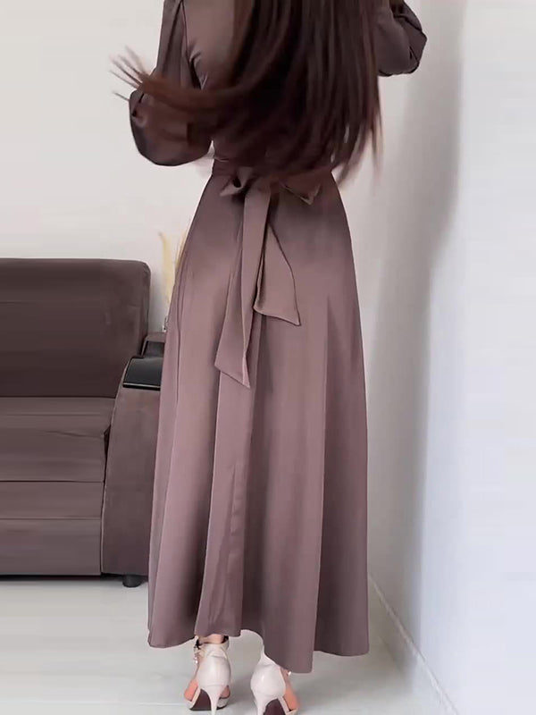 A-line Long Sleeves Pleated Color Tied Waist Zipper Mock Neck Maxi Dresses