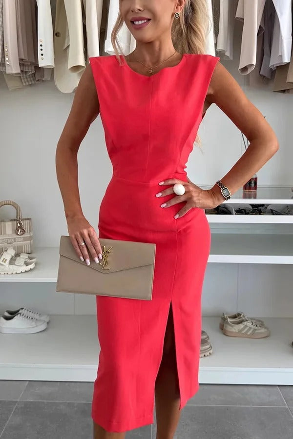 Color Round Neck Sleeveless Slim Fit Slit Midi Dress