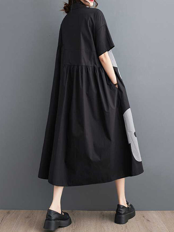Loose Short Sleeves Buttoned Printed Lapel Collar Midi Dresses