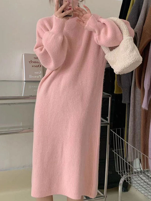 Long Sleeves Loose Color High Neck Midi Dresses Sweater Dresses