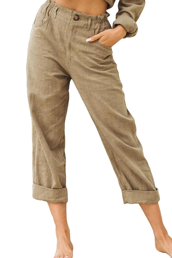 Color Cotton and Linen Fashionable Loose High Waist Pants