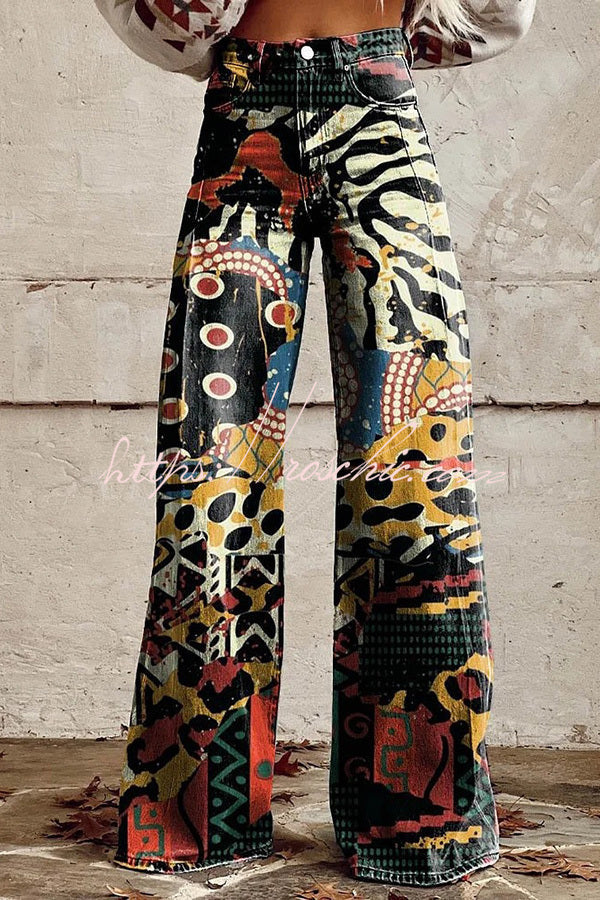 Unique Print Button Pocket Wide Leg Pants