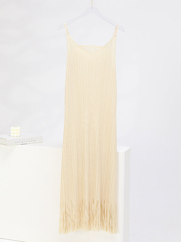 Loose Sleeveless Pleated Color Tasseled Spaghetti-neck Midi Dresses