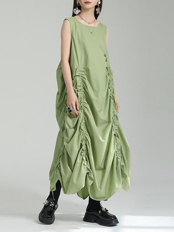 Loose Sleeveless Asymmetric Elasticity Pleated Color Round-neck Midi Dresses
