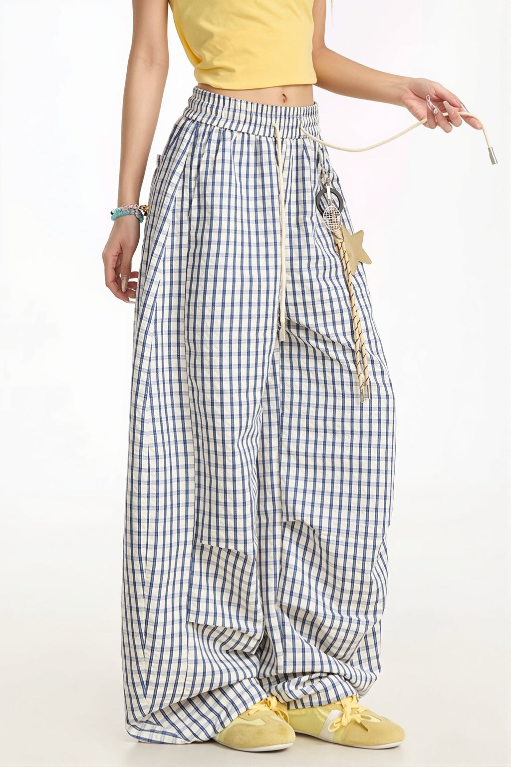 Blue Plaid Curved Pants