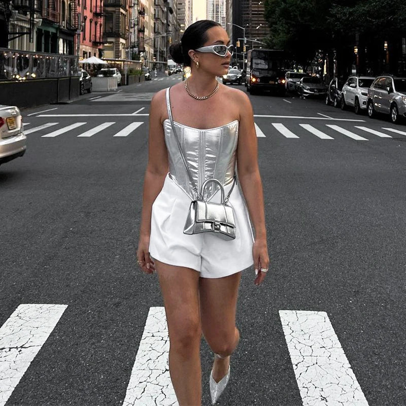 ’s Metallic Vest Top Slim Undercoat Corset Bottoming Shirt Waist Bandage Hot Spring