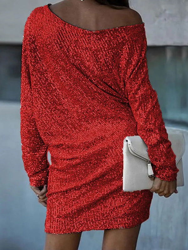 A-line Loose Asymmetric Sequined Color One-shoulder Mini Dresses