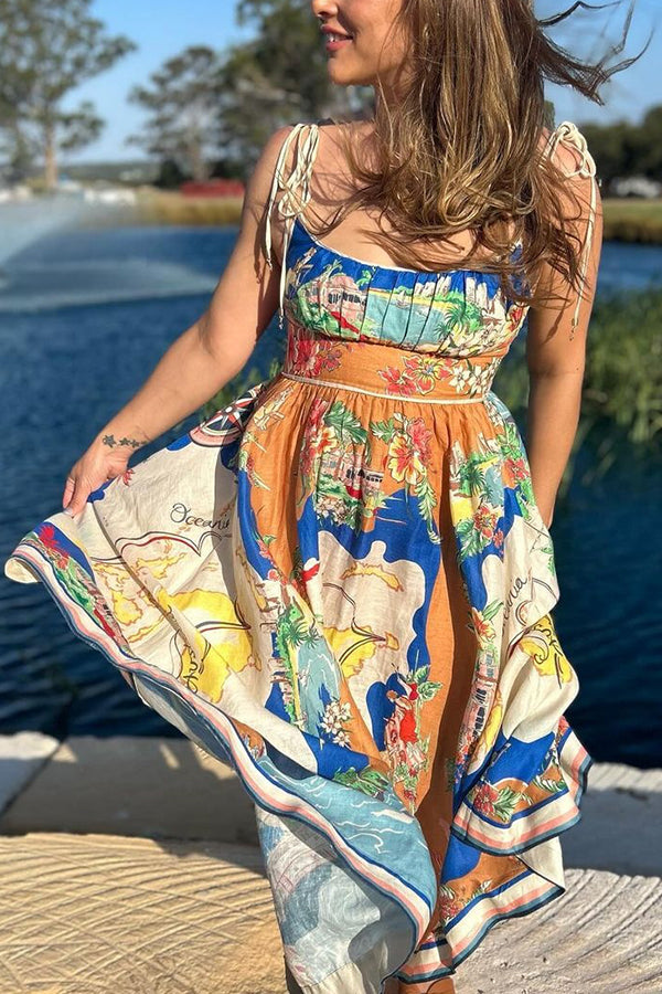 Unique Printed Lace-up Suspender Pockets Resort Style Midi Dress