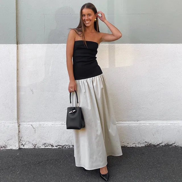Clash Color Strapless Maxi Dress for Summer Off Shoulder Patchwork Backless Sleeveless Beach Dress Female