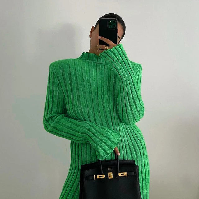 Ribbed ’s Turtleneck Sweater Green Long Sleeve Shrugs Knitwear Jumper Female Knitted Tops Autumn Winter