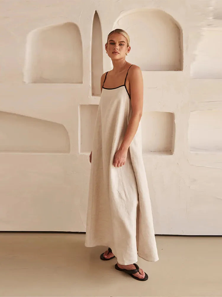 Cotton Linen Sling Dress Summer Backless Sleeveless Slip Long Dresses Lady Loose Maxi Dress