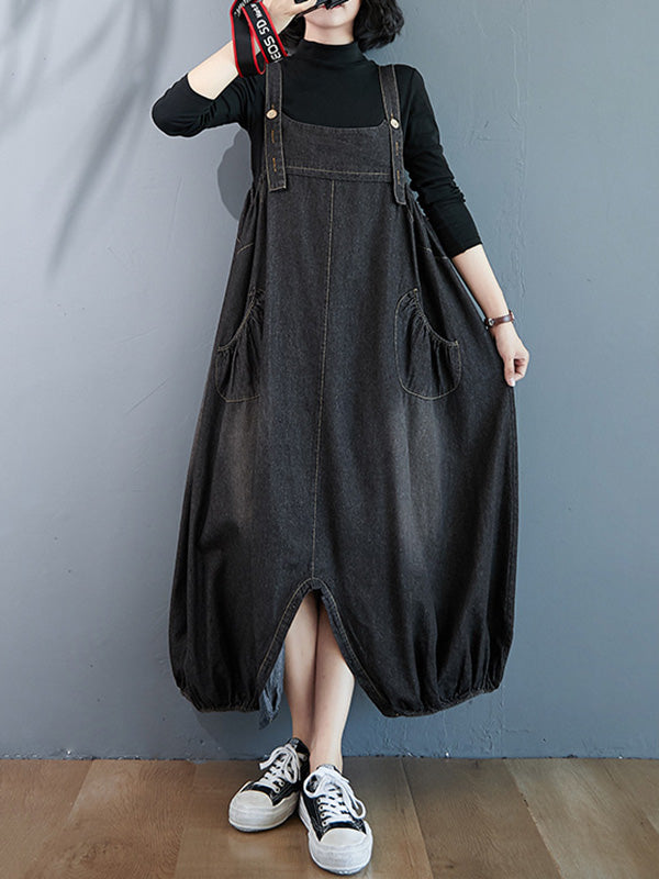 Simple Denim Buttoned Overalls&dress
