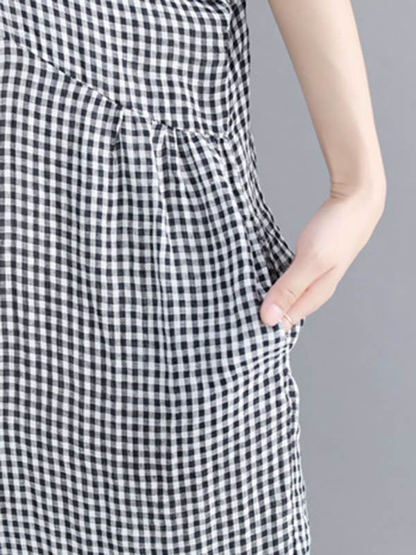 Artistic Retro Loose Split-joint Plaid Buttoned Stand Collar Half Sleeves Midi Dress