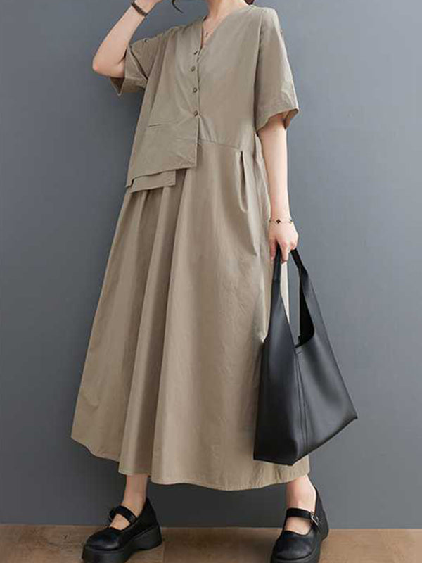 Loose Short Sleeves Pleated Color Split-joint V-neck Midi Dresses
