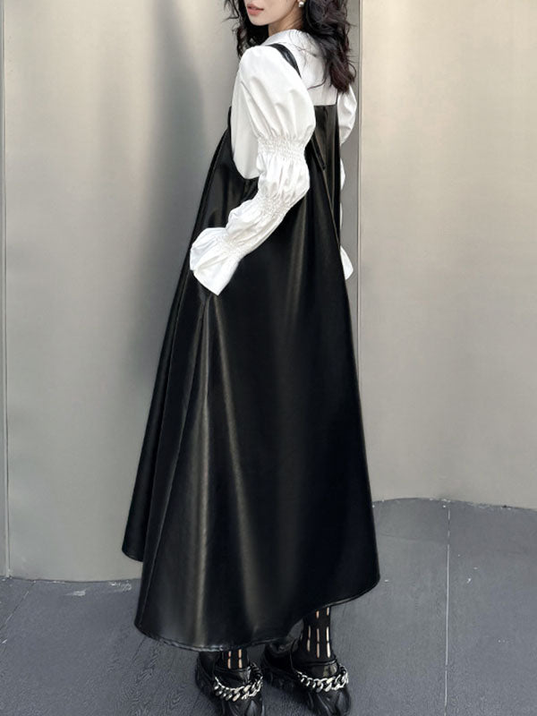 A-line Loose Asymmetric Pleated Color Split-joint Square-neck Midi Dresses Slip Dress