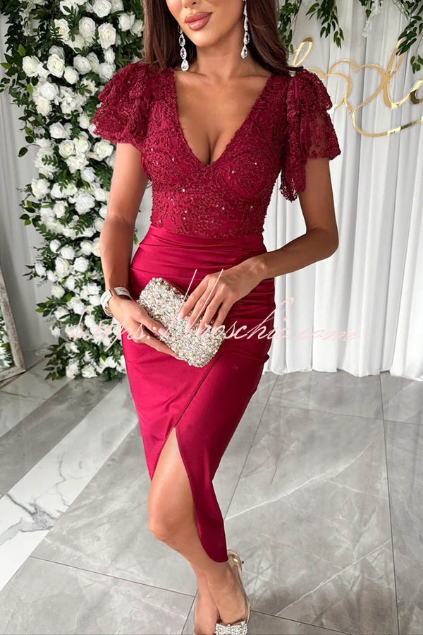 Dreamy Lace and Satin Patchwork Ruffle Sleeve Ruched Midi Dress