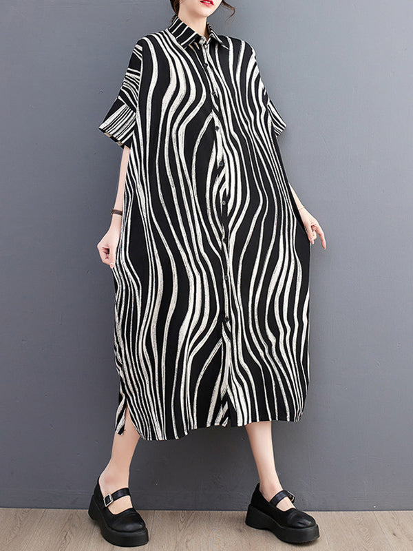 Raglan Sleeve Oversize Zebra-stripe Split-joint Lapel Midi Dresses Shirt Dress