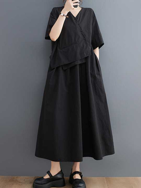 Loose Short Sleeves Pleated Color Split-joint V-neck Midi Dresses