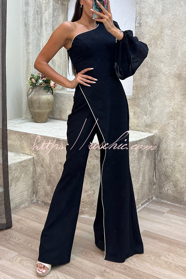 Diary Asymmetrical Design Diamond Trim One Shoulder Party Jumpsuit