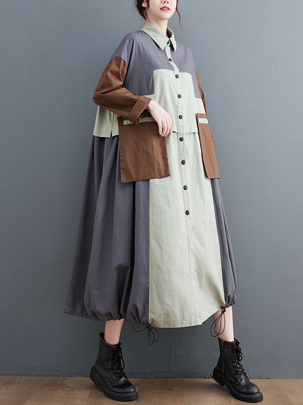 Loose Long Sleeves Contrast Color Polo Midi Dresses