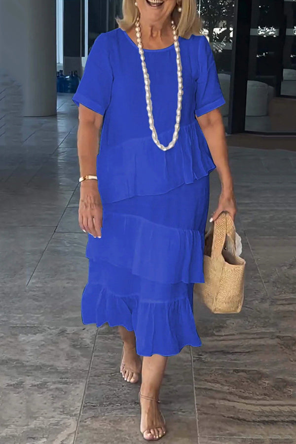 Linen Blend Color Round Neck Loose Midi Dress