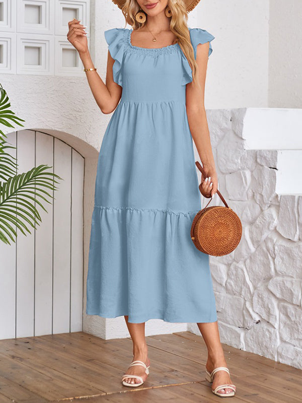 A-line Loose Elasticity Pleated Ruffled Color Split-joint Off-the-shoulder Midi Dresses