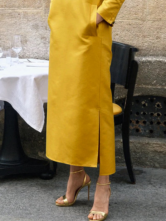 Long Sleeves Loose Color Split-side Stand Collar Midi Dresses