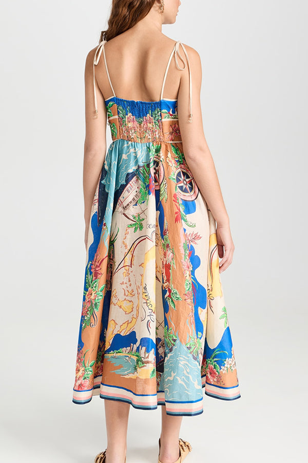 Unique Printed Lace-up Suspender Pockets Resort Style Midi Dress