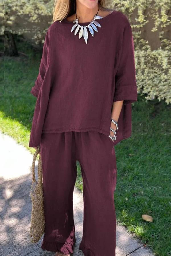 Color Loose Top & Pants Cotton Linen Two-piece Set