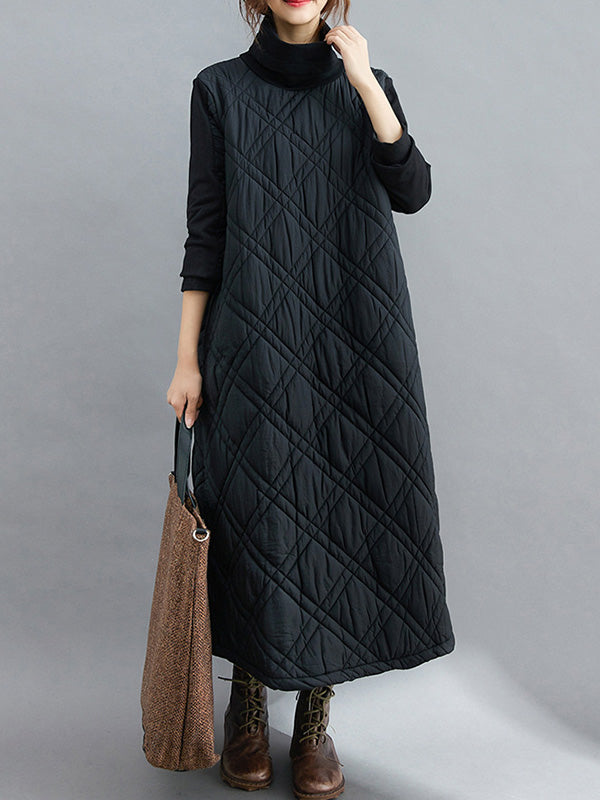 Simple Split-joint High-neck H-line Quilted Midi Dress