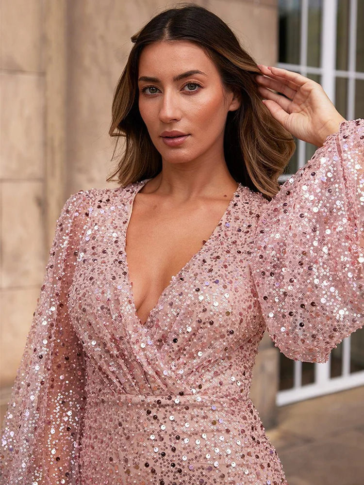 V-neck Pearl Sequins Mini Dress Lantern Long Sleeves Slim Bodycon Wrap Skirt Evening Dresses Clubwear