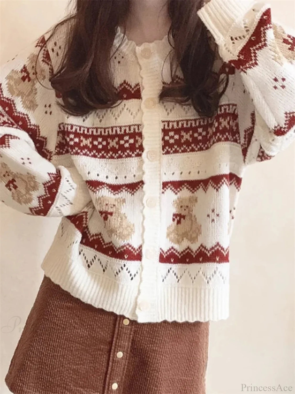 Bear Print Long Sleeve Button-down Cardigan