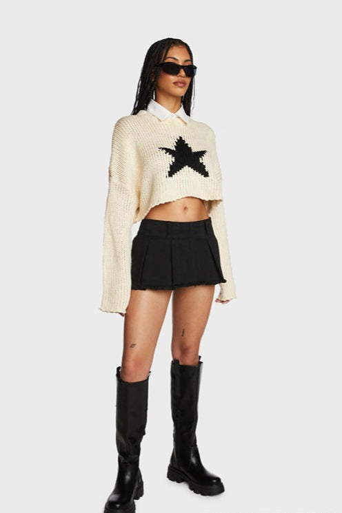 Five-point Star Crop Crew Neck Knit Sweater