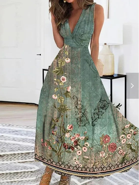 Summer Flower Printed Sleeveless Long Dresses V-neck Lady Party A-line Dress Maxi Evening Vestidos New