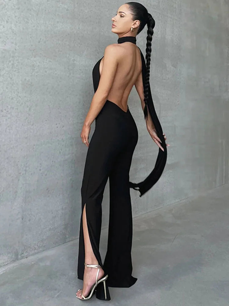 Lace Up Backless Jump Suits for Slim Bodycon One Piece Jusmpuit Femme Side Split Hollow Out Jumpsuits