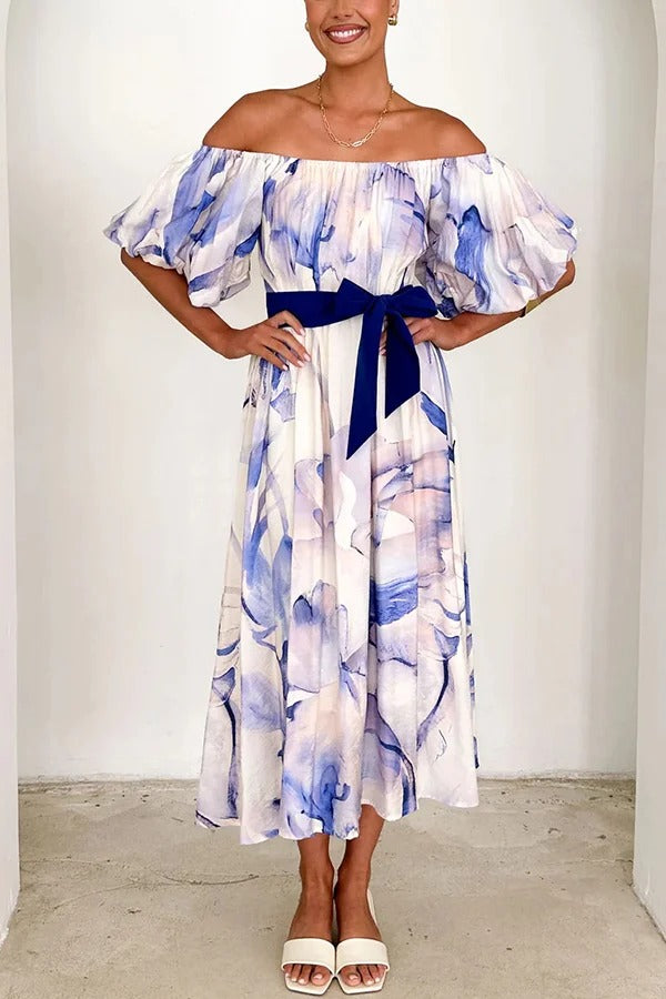 Print Puff Sleeve Tie-waist Midi Dress