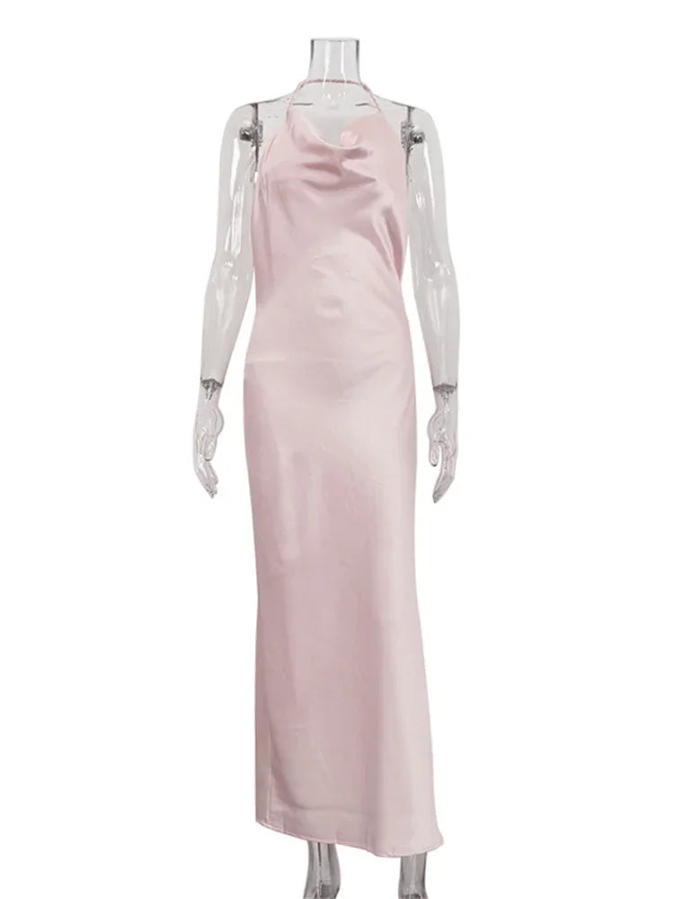 Satin Backless Long Dress ’s Lace-up Autumn High Waist Dress Female Bandage Party Dress