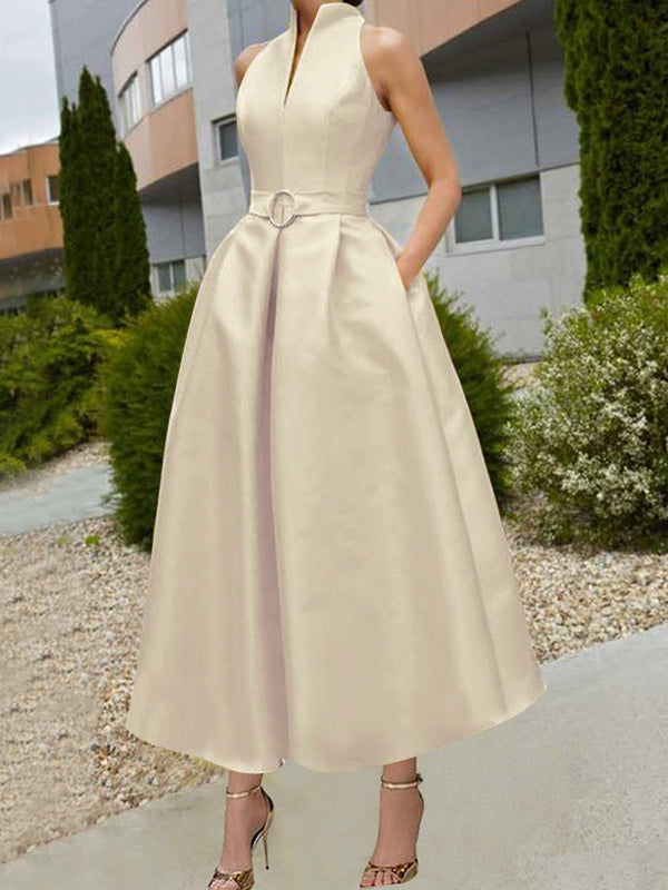 A-line Loose Belted Pleated Pockets Color V-neck Midi Dresses