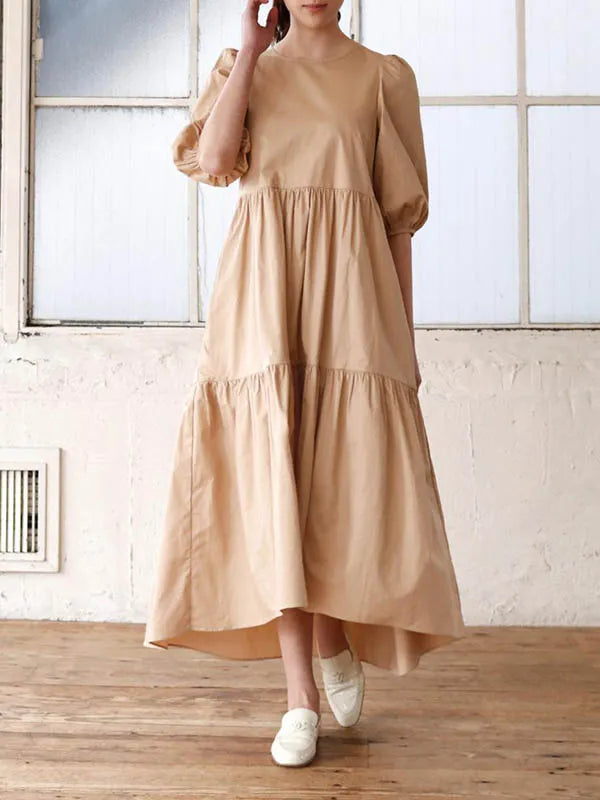 Half Sleeves Puff Sleeves Breathable See-through Color Round-neck Midi Dresses