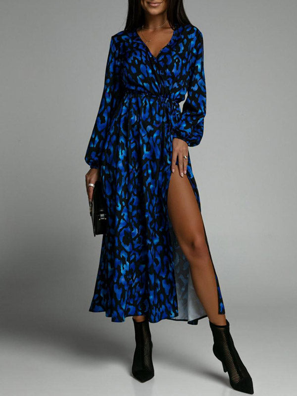 Vacation Loose Long Sleeves Split-side Leopard V-neck Midi Dresses