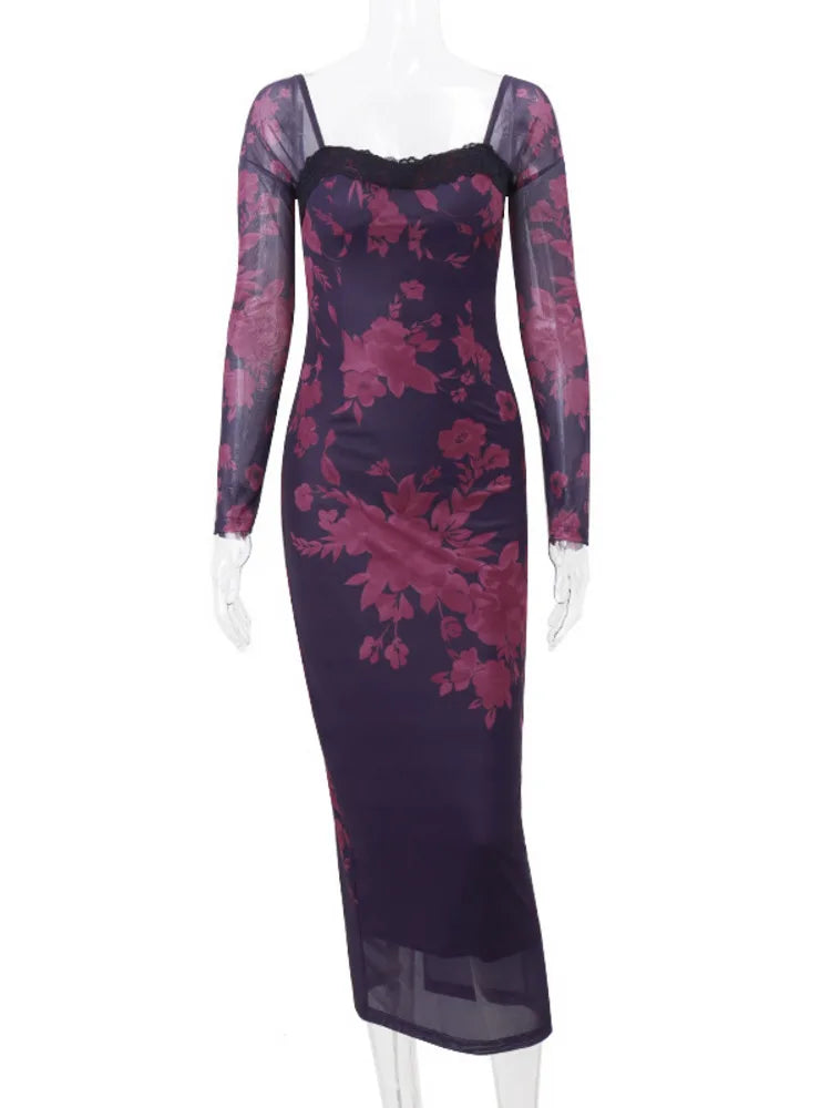 Backless Print Maxi Dress for Autumn Winter New Square Collar Long Sleeve Bodycon Club Party Dress