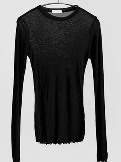 Plain T Shirt Cotton Elastic Basic T-shirts Female Tops Long Sleeve Thin T-shirt See Through