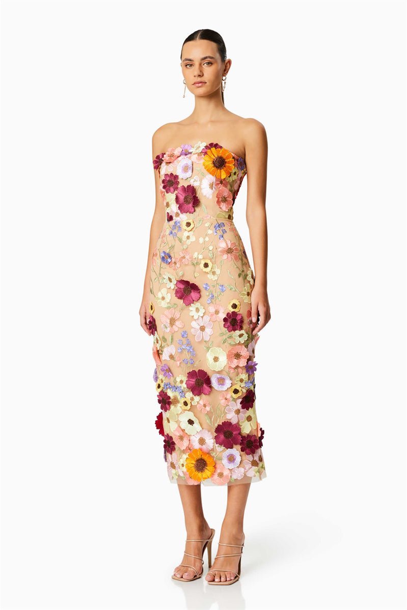 Belle Embroidered Strapless Midi Dress