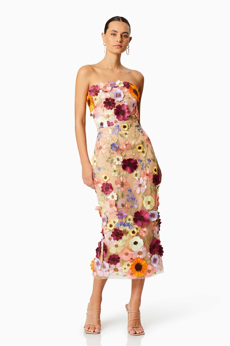Belle Embroidered Strapless Midi Dress