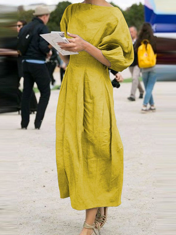 Half Sleeves Loose Color Round-neck Maxi Dresses Midi Dresses